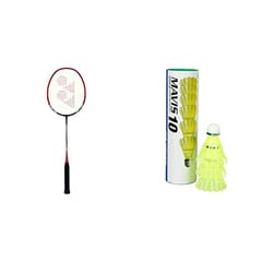 YONEX Nanoray 6000I G4-U ॲल्युमिनियम बॅडमिंटन रॅकेट पूर्ण कव्हर (लाल) आणि Yonex Mavis 10 नायलॉन शटलकॉक, पिवळा, 6 चा पॅक | मेड इन जपान (ग्रीन कॅप) रेड ग्रीन सीए