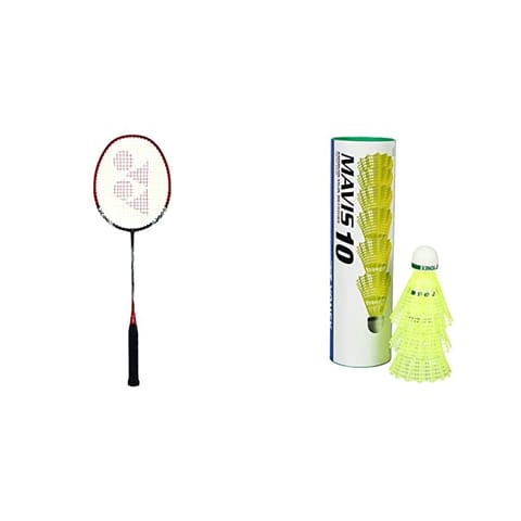 YONEX Nanoray 6000I G4-U ॲल्युमिनियम बॅडमिंटन रॅकेट पूर्ण कव्हर (लाल) आणि Yonex Mavis 10 नायलॉन शटलकॉक, पिवळा, 6 चा पॅक | मेड इन जपान (ग्रीन कॅप) रेड ग्रीन सीए