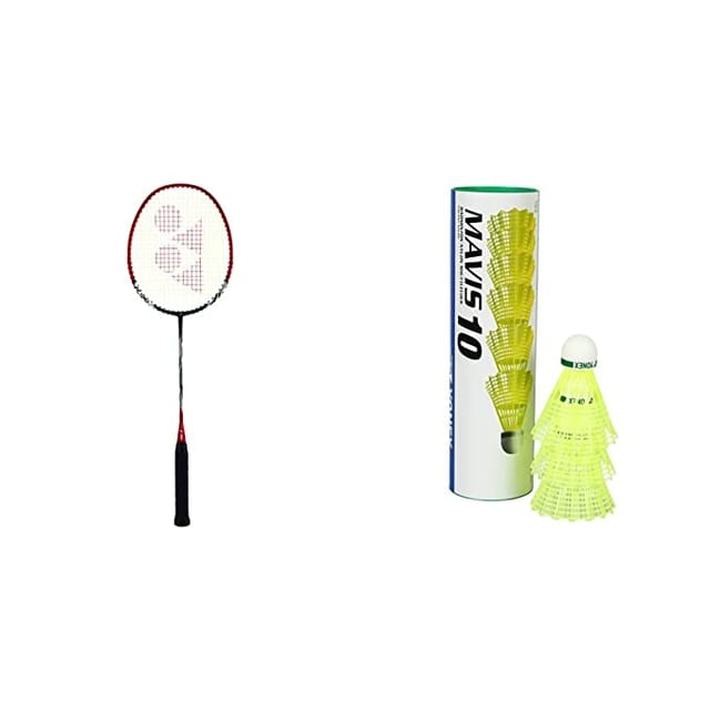 YONEX Nanoray 6000I G4-U ॲल्युमिनियम बॅडमिंटन रॅकेट पूर्ण कव्हर (लाल) आणि Yonex Mavis 10 नायलॉन शटलकॉक, पिवळा, 6 चा पॅक | मेड इन जपान (ग्रीन कॅप) रेड ग्रीन सीए