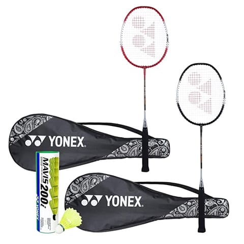 YONEX ॲल्युमिनियम ZR 100 लाइट बॅडमिंटन रॅकेट कॉम्बो सेट 2 चा फुल कव्हर ब्लॅक/रेड + Mavis 200I शटलकॉक पॅक 6