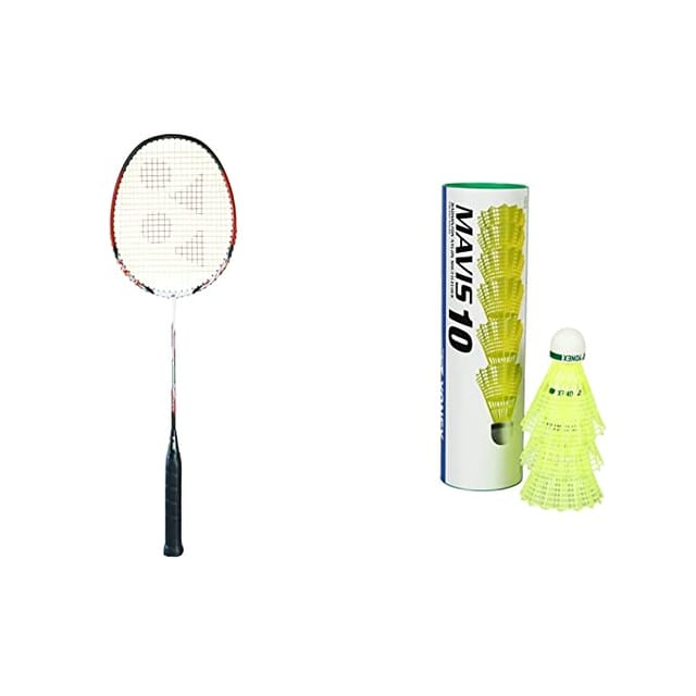 YONEX Nanoray 7000 ग्रेफाइट बैडमिंटन रैकेट सफेद/लाल/काला और Yonex Mavis 200i नायलॉन शटल कॉक, 6 का पैक (पीला)