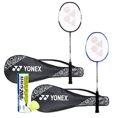 YONEX ZR 100 సెట్ 2 అల్యూమినియం లైట్ బ్యాడ్మింటన్ రాకెట్, ఫుల్ కవర్ బ్లాక్-బ్లూ, మావిస్ 200I షటిల్ కాక్ - కాంబో ప్యాక్ ఆఫ్ 6