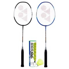 YONEX ZR 100 ಸೆಟ್ 2 ಅಲ್ಯೂಮಿನಿಯಂ ಲೈಟ್ ಬ್ಯಾಡ್ಮಿಂಟನ್ ರಾಕೆಟ್ ಜೊತೆಗೆ ಸಂಪೂರ್ಣ ಕವರ್ ಕಪ್ಪು-ನೀಲಿ, ಮಾವಿಸ್ 200I ಶಟಲ್ ಕಾಕ್ - 6 ರ ಕಾಂಬೊ ಪ್ಯಾಕ್