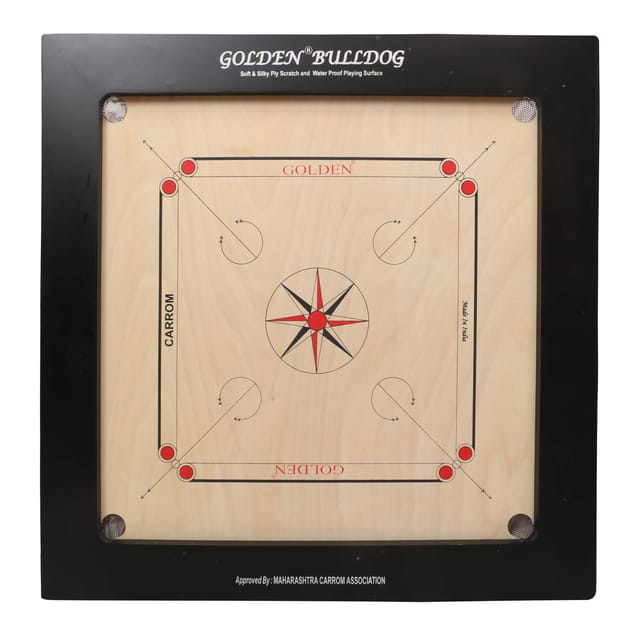 केडी गोल्डन कैरम बोर्ड गेम बोर्ड बुलडॉग प्लाई वुड बोर्ड सिक्का, स्ट्राइकर और कवर के साथ, एआईसीएफ स्वीकृत राष्ट्रीय और अंतर्राष्ट्रीय टूर्नामेंट में उपयोग किया जाता है