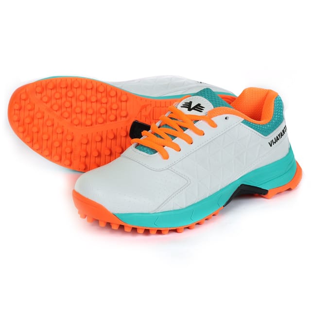 VIJAYANTI CRICKET SHOES SKIPPER RUBBER SPIKE SHOES WHITE / ORANGE