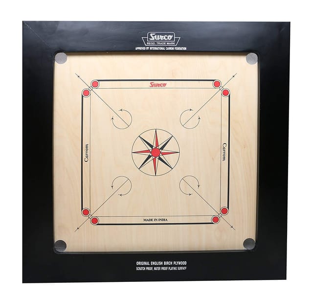 Surco AICF Approved English Ply Wood Jumbo Carrom Board with Coin, Striker & Powder