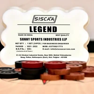 SISCAA CARROM COIN LEGEND, કેરમ બોર્ડ એસેસરી મંજૂર અને કેરમ ફેડરેશન ઓફ ઇન્ડિયા દ્વારા આયોજિત રાષ્ટ્રીય ટુર્નામેન્ટમાં વપરાય છે