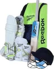 रिबॉक क्रिकेट किट – बॅट, पॅड्स, ग्लोव्हज, हेल्मेट आणि बॅगसह ८-पीस संपूर्ण सेट | सीलबंद क्रीडा साहित्य बंडल |