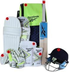 रिबॉक क्रिकेट किट – बॅट, पॅड्स, ग्लोव्हज, हेल्मेट आणि बॅगसह ८-पीस संपूर्ण सेट | सीलबंद क्रीडा साहित्य बंडल |