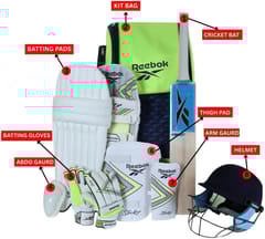 रिबॉक क्रिकेट किट – बॅट, पॅड्स, ग्लोव्हज, हेल्मेट आणि बॅगसह ८-पीस संपूर्ण सेट | सीलबंद क्रीडा साहित्य बंडल |