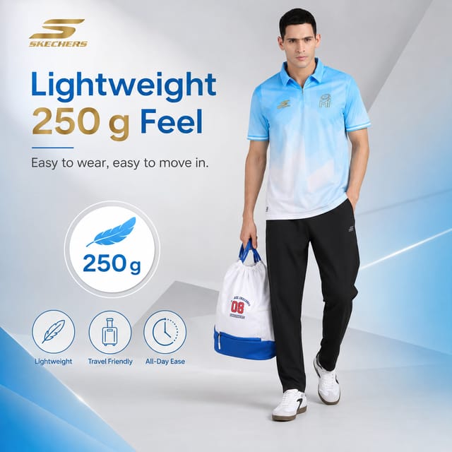 Skechers Men's Travel Polo T-Shirt | Mumbai Indians Edition | 100% Polyester Interlock | Dynamic All Over Print | Regular Fit | Official MI x Skechers Collab