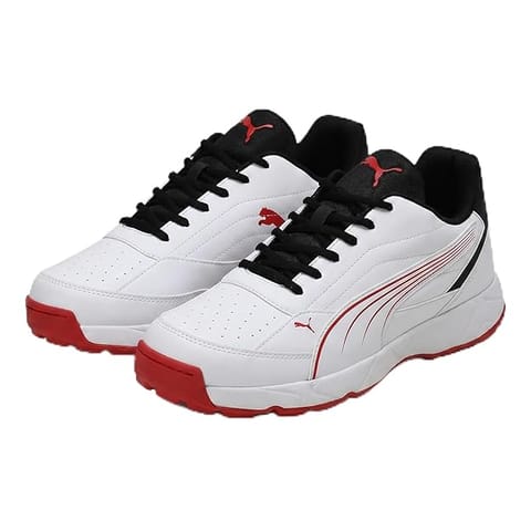 White Candy Apple Black PUMA Men Nu Cricket Shoes | Lightweight Rubber Sports Shoes