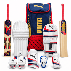 PUMA Junior Kashmir Willow Cricket Kit, Navy/Red | Complete Starter Kit with Durable Willow Bat, Protective Gear & Carry Bag