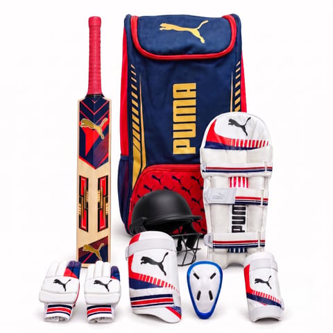 PUMA Junior Kashmir Willow Cricket Kit, Navy/Red | Complete Starter Full Kit