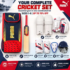 PUMA Junior Kashmir Willow Cricket Kit, Navy/Red | Complete Starter Full Kit