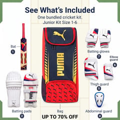 PUMA Junior Kashmir Willow Cricket Kit, Navy/Red | Complete Starter Kit with Durable Willow Bat, Protective Gear & Carry Bag
