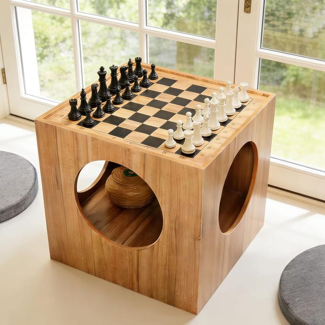 KD Multifunctional Wooden Chess Coffee Table with Storage, Chess Set & 2 Cushions – 17 × 17 × 16 Inch