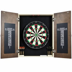 KD Bellevue Bristle Dartboard Cabinet Set with 18-Inch Sisal Board, 6 Steel-Tip Darts & Dual Scoreboards