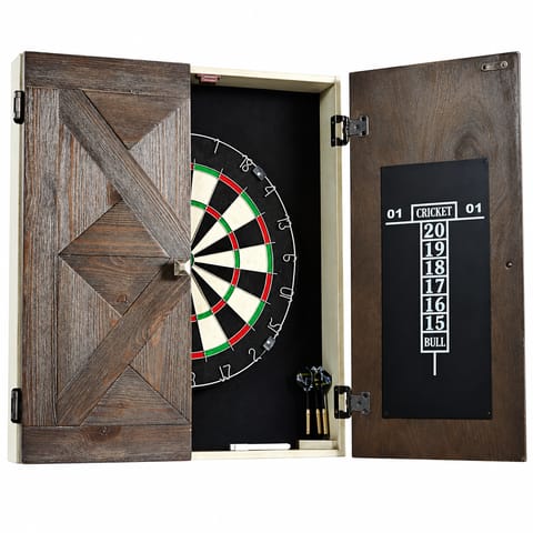 KD Bellevue Bristle Dartboard Cabinet Set with 18-Inch Sisal Board, 6 Steel-Tip Darts & Dual Scoreboards