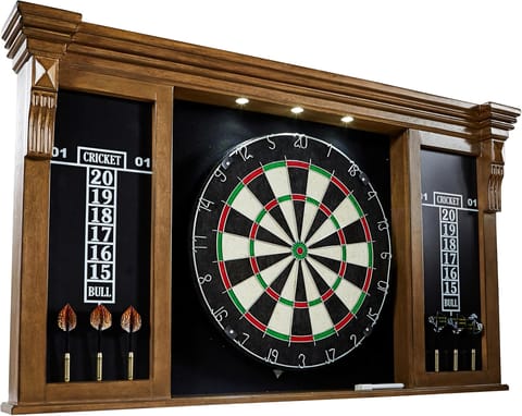 KD Woodhaven Pub-Style Dartboard Cabinet Set with LED Lights, 18-Inch Sisal Board & 6 Steel-Tip Darts