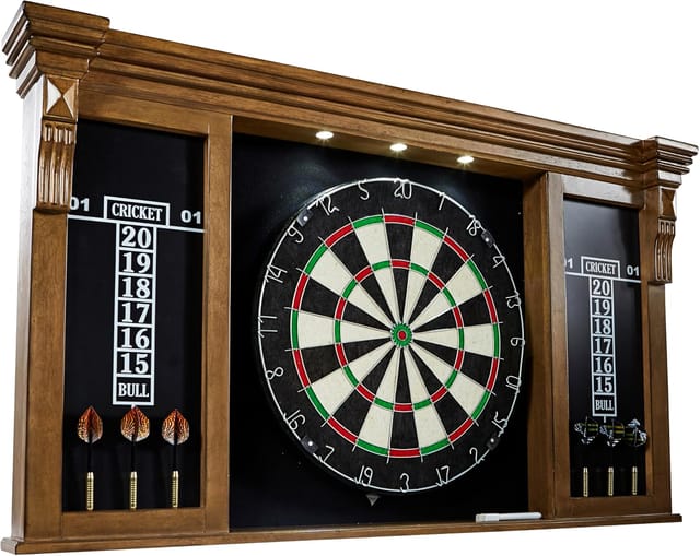KD Woodhaven Pub-Style Dartboard Cabinet Set with LED Lights, 18-Inch Sisal Board & 6 Steel-Tip Darts