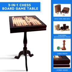 KD Wooden 3-in-1 Chess, Checkers & Backgammon Game Table Set with Game Pieces – Classic Mahogany Finish