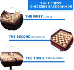 KD Wooden 3-in-1 Chess, Checkers & Backgammon Game Table Set with Game Pieces – Classic Mahogany Finish