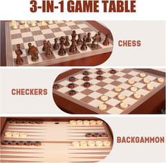 KD Deluxe 3-in-1 Chess, Checkers & Backgammon Game Table with Storage Drawer & Game Pieces – Walnut Finish