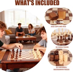 KD Deluxe 3-in-1 Chess, Checkers & Backgammon Game Table with Storage Drawer & Game Pieces – Walnut Finish