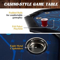KD 48-Inch Folding Poker Table for 8 Players with Padded Rail & Cup Holders – Blue & Black