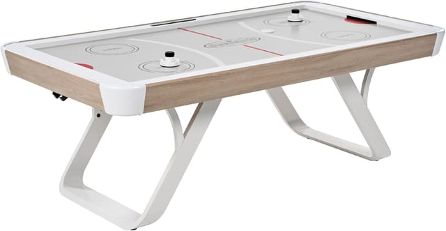 KD Contemporary Air Hockey Table with Accessories – Light Wood-Look Finish & White Angled Base