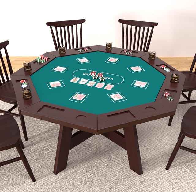 KD Octagonal Solid Wood 8-Player Poker Table with Green Felt, Cup Holders & Chip Trays – Warm Walnut