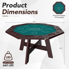 KD Octagonal Solid Wood 8-Player Poker Table with Green Felt, Cup Holders & Chip Trays – Warm Walnut