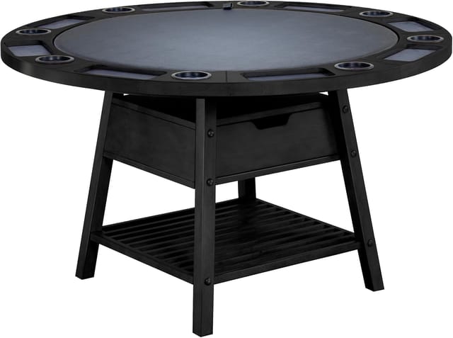 KD Emory 54-Inch 2-in-1 Poker & Dining Table with Cup Holders, Chip Trays & Lower Shelf – Raven Black