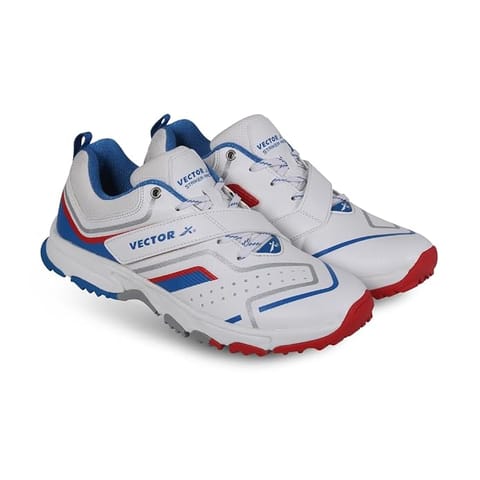 Vector X Striker Pro Men’s Cricket Shoes – PU Upper, EVA Sockliner and Midfoot Support Strap, White/Blue/Red